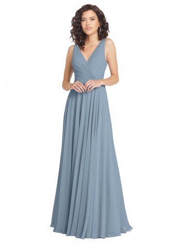Wholesale Faux Surplice Bodice Long Chiffon Bridesmaid Dress with V-Neckline