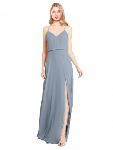 Wholesale Spaghetti Straps V-Neckline Long Chiffon Bridesmaid Dress with High Slit