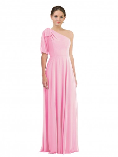 Wholesale Bow One Shoulder Flounce Sleeve Maxi Bridesmaid Dress