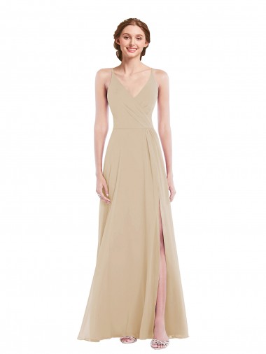 Wholesale Faux Wrap Criss Cross Back Maxi Bridesmaid Dress with Front Slit