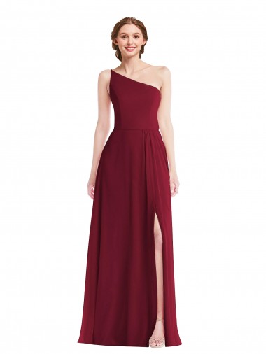 Wholesale One Shoulder Chiffon Maxi Bridesmaid Dress with Shirred Front Slit