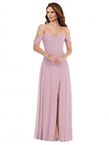 Wholesale Off the Shoulder Draped Sleeve Maxi Bridesmaid Dress with Front Slit