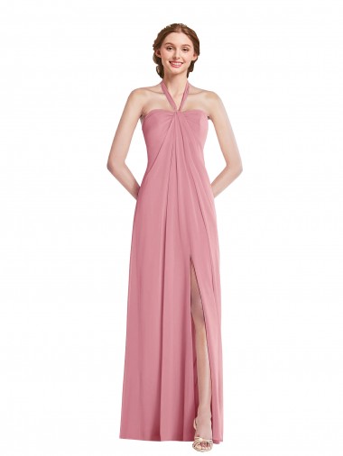 Wholesale Draped Chiffon Grecian Column Bridesmaid Dress with Front Slit