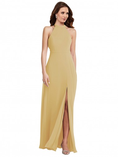 Wholesale Stand Collar Halter Maxi Bridesmaid Dress with Criss Cross Open Back