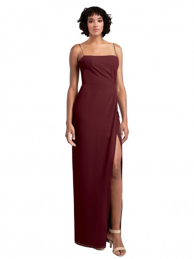 Wholesale Sleek Straight Neckline Chiffon Bridesmaid Dress with Spaghetti Straps and High Side Slit