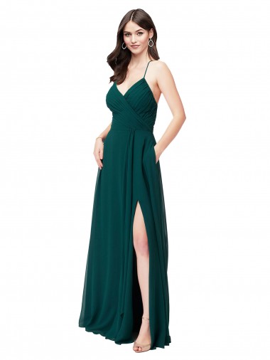 Wholesale Chiffon Bridesmaid Dress with Draped Surplice Bodice & Pockets
