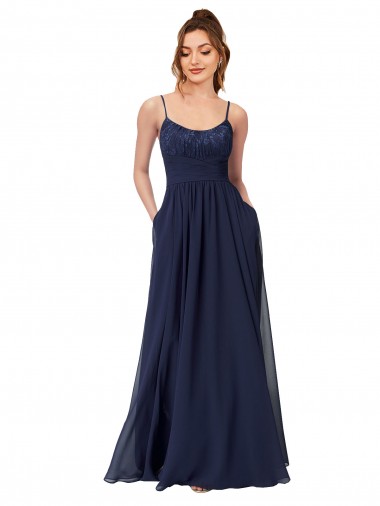 Wholesale Long Chantilly Lace and Ruched Chiffon Bridesmaid Dress with Pockets