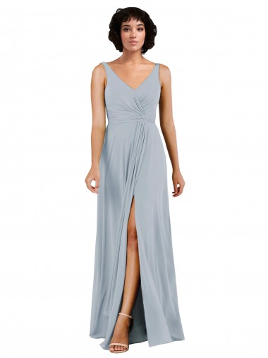 Wholesale V-Neckline Wrapped Chiffon Bridesmaid Dress with Skirt Slit