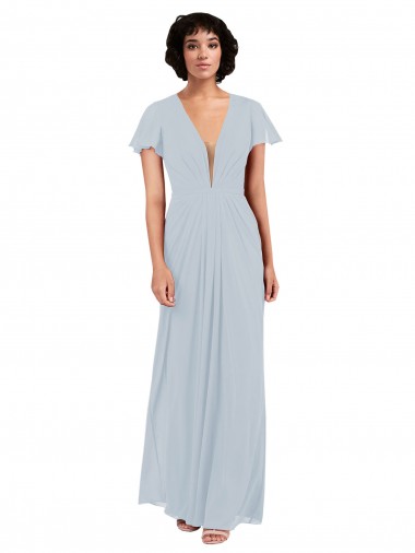 Wholesale Deep V-Neckline Chiffon Bridesmaid Dress with Flutter Sleeves