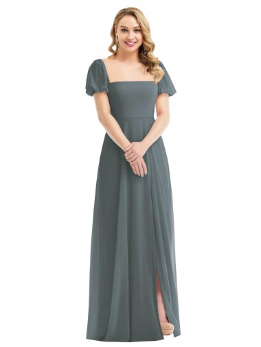 Wholesale Puff Sleeves Chiffon Maxi Bridesmaid Dress with Front Slit