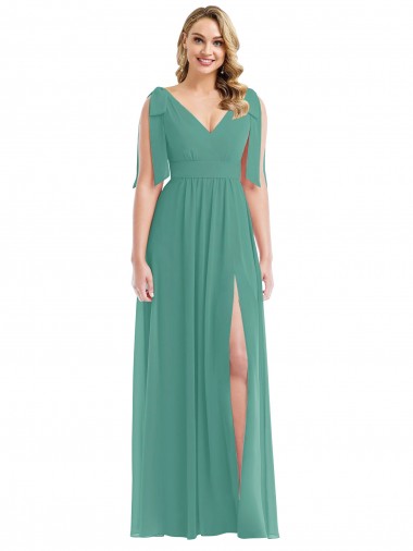 Wholesale Plunge Neckline Bow Shoulder Chiffon Maxi Bridesmaid Dress