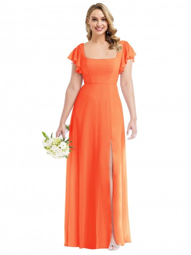 Wholesale Flutter Sleeves Scoop Open Back Chiffon Maxi Bridesmaid Dress