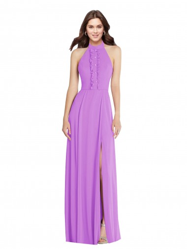 Wholesale Halter Backless Maxi Formal Bridesmaid Dress with Button Ruffle Placket