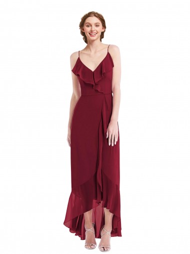 Wholesale Ruffle Trimmed V-Neck High Low Wrap Chiffon Bridesmaid Dress