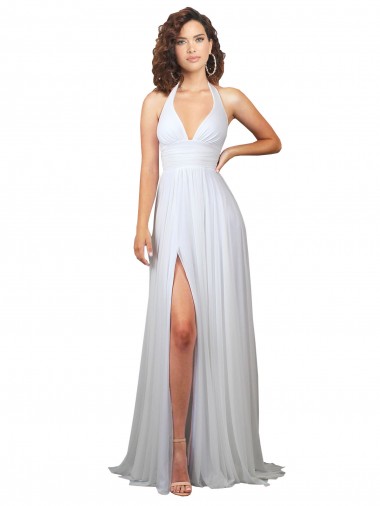 Wholesale Simple Halter Plunge V-Neckline Chiffon Beach Wedding Dress with High Leg Split