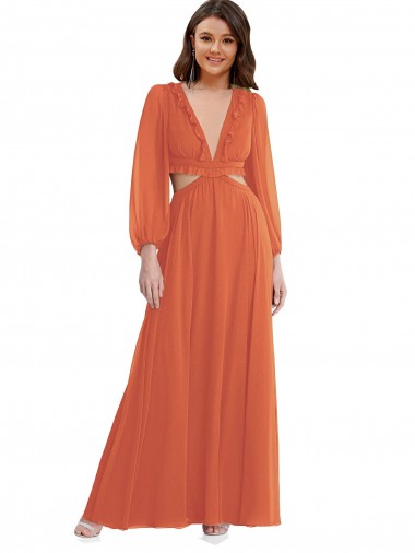 Wholesale High Low Ruffled Long Chiffon Cutout Bishop Sleeves Maxi Bridesmaid Dress