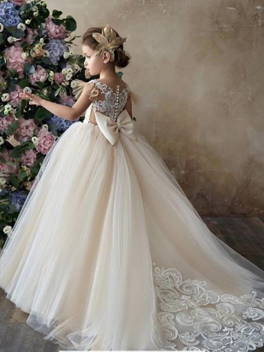 Wholesale Champagne Ball Gown Sweetheart Chapel Train Sleeveless Flower Girl Dress