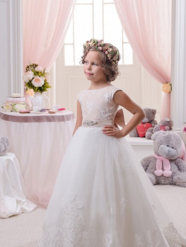 Wholesale Ivory Ball Gown Bateau Neck Chapel Train V-Back Flower Girl Dress