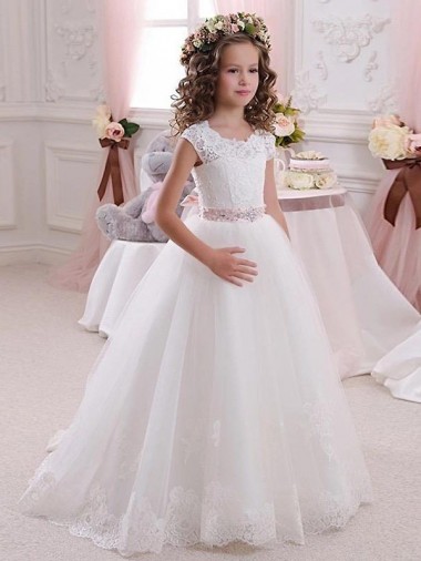 Wholesale Ivory Ball Gown High Neck Floor Length Keyhole Back Flower Girl Dress