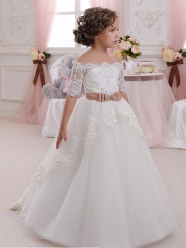 Wholesale Ivory Ball Gown High Neck Floor Length Short Sleeve Flower Girl Dress
