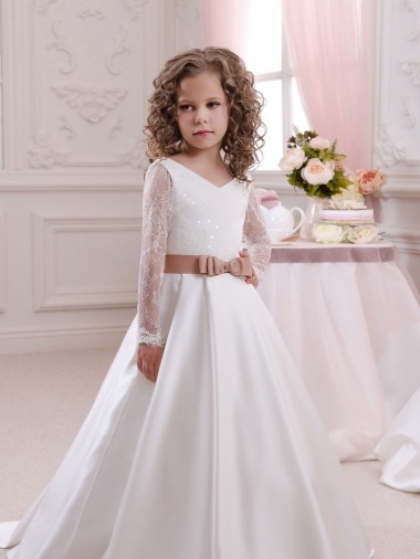 Wholesale Ivory Ball Gown V-Neck Chapel Train Long Sleeve Flower Girl Dress