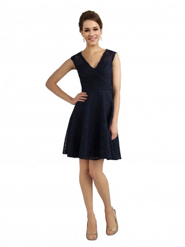 Wholesale Short V-Neck Lace Cocktail Bridesmaid Dress with Illusion Back