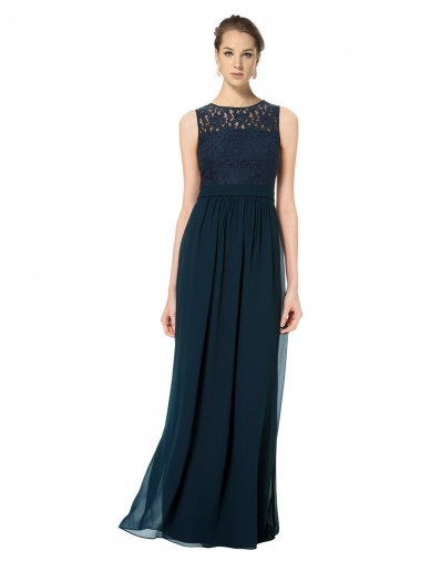 Wholesale Long Chiffon Bridesmaid Dress with Lace Sleeveless Bodice and Keyhole Back