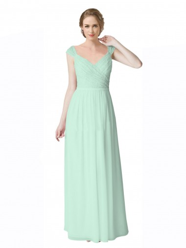 Wholesale Long Chiffon Bridesmaid Dress with Corded Lace V-Neck Bodice