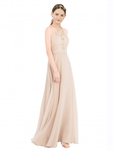 Wholesale High Halter Neck Illusion Lace Bridesmaid Dress / Prom Dress with Chiffon Skirt and Keyhole Back