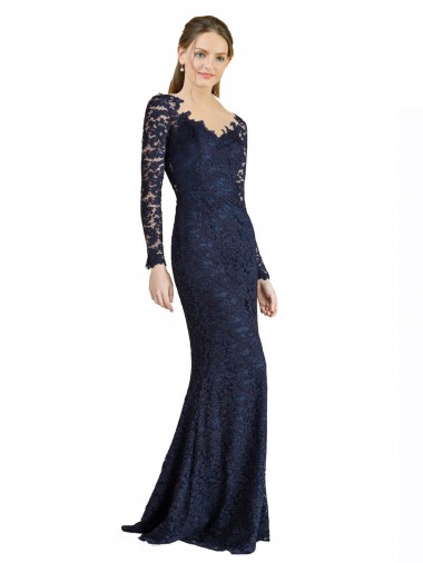 Wholesale Illusion Long Sleeves Lace Bridesmaid Dress / Prom Dress with Sheer Keyhole Back