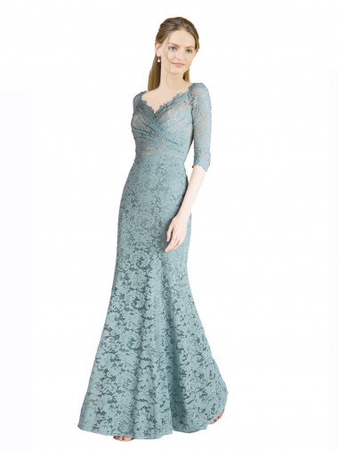 Wholesale Half Sleeves Pleated Lace Bridesmaid Dress / Prom Dress with Wrap-Around Portrait Neckline