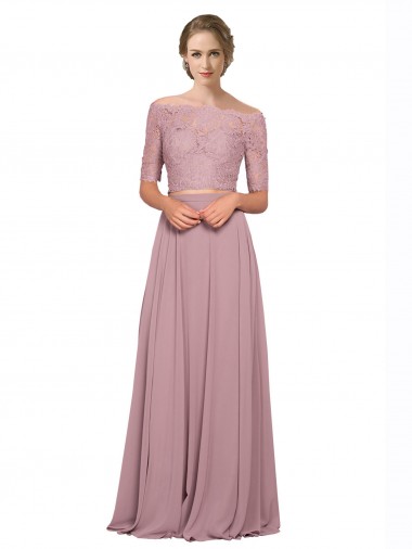 Wholesale Off the Shoulder Lace Crop Top A-Line Chiffon Bridesmaid Dress / Prom Dress