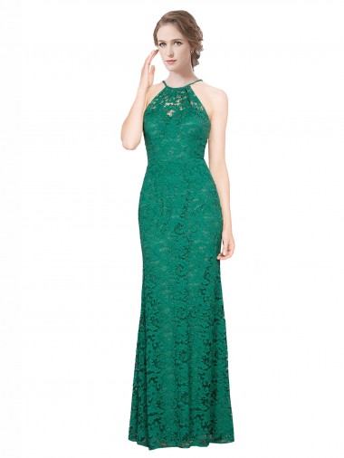 Wholesale High Illusion Halter Neck Long Lace Bridesmaid Dress / Prom Dress