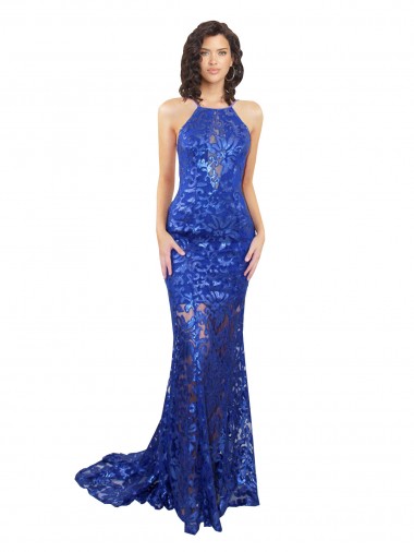 Wholesale High Neck Long Open Back Lace Bridesmaid Dress / Prom Dress with Train