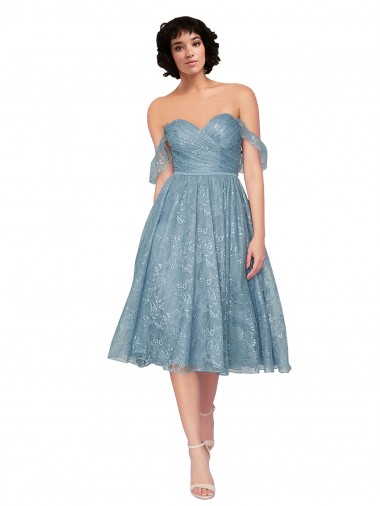 Wholesale Off the Shoulder Sweetheart Chantilly Lace Midi Length Cocktail Bridesmaid Dress