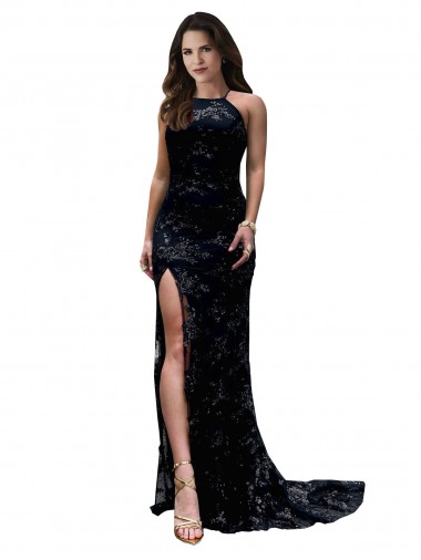 Wholesale Formal High Neckline Lace Open Back Bridesmaid Dress / Prom Dress with High Slit