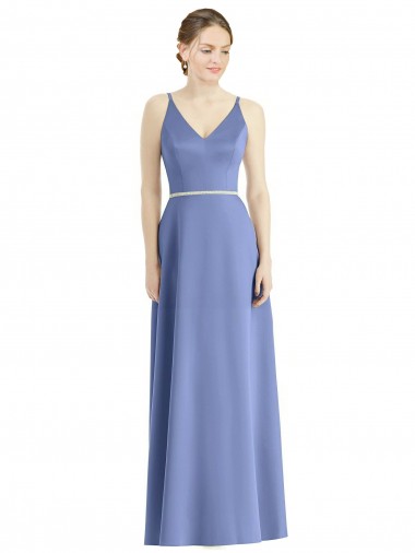 Wholesale Long Floor Length V-Neck Satin Bridesmaid Dress with Spaghetti Straps