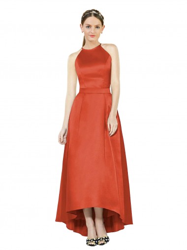 Wholesale Full Length Halter Satin Bridesmaid Dress with Hi-Low Hem Detail