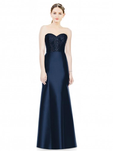 Wholesale Full Length Strapless Satin Bridesmaid Dress with Lace Sweetheart Neckline