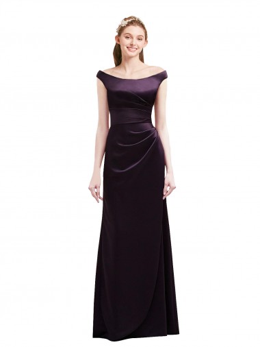 Wholesale Off The Shoulder Long Satin Bridesmaid Dress with Asymmetrical Pleated Bodice