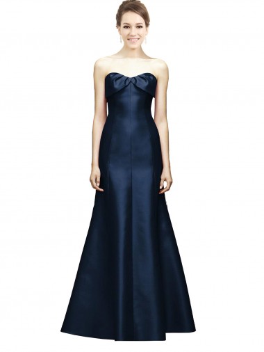 Wholesale Long Strapless Satin Bridesmaid Dress with Pleated Cuff Neckline