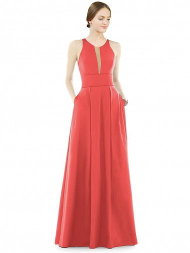 Wholesale Sheer V-Neck Tulle Illusion Long Satin Bridesmaid Dress