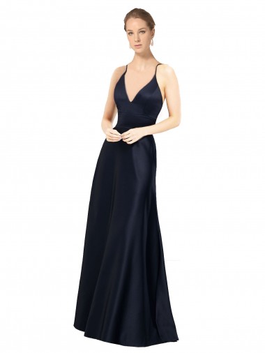 Wholesale Sexy Satin Bridesmaids Dress with Deep V-Neckline and Strappy Back