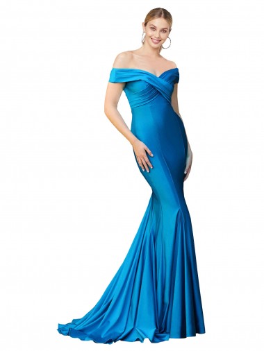 Wholesale Off the Shoulder Long Chapel Train Formal Satin Bridesmaid Dress / Prom Dress