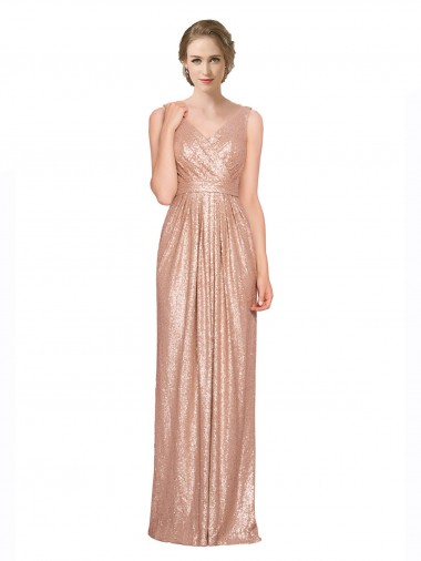 Wholesale Draped V-Neck Striking Sheath Floor Length Formal Sequin Bridesmaid Dress / Prom Dress
