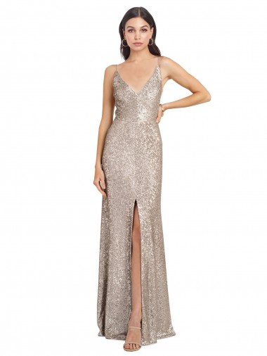 Wholesale V-Neck Fully Sequin Formal Bridesmaid Dress / Prom Dress with V-Back and Front Slit