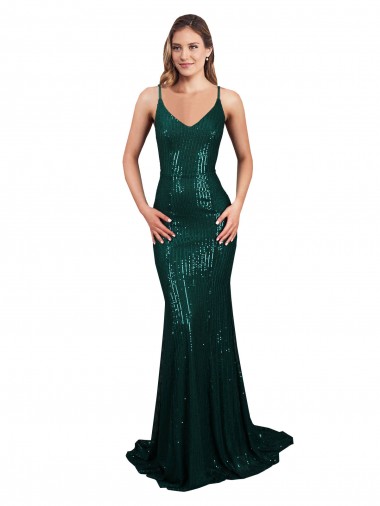 Wholesale Fishtail Shaped V-Neck Open Back Long Formal Sequin Bridesmaid Dress / Prom Dress