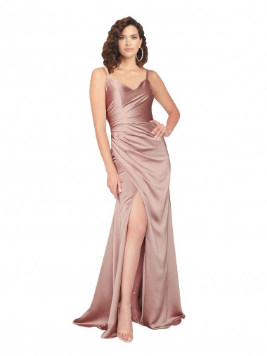 Wholesale Floor Length Formal Silky Satin Bridesmaid Dress / Prom Dress with Front Skirt Slit