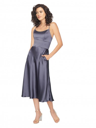 Wholesale Midi Cocktail Length Silky Satin Bridesmaid Dress / Prom Dress with Open Tied Back & Pockets