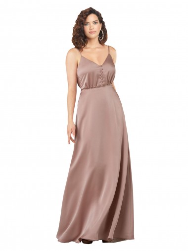 Wholesale Subtle V-Neckline Formal Silky Satin Bridesmaid Dress with Front Button Detail